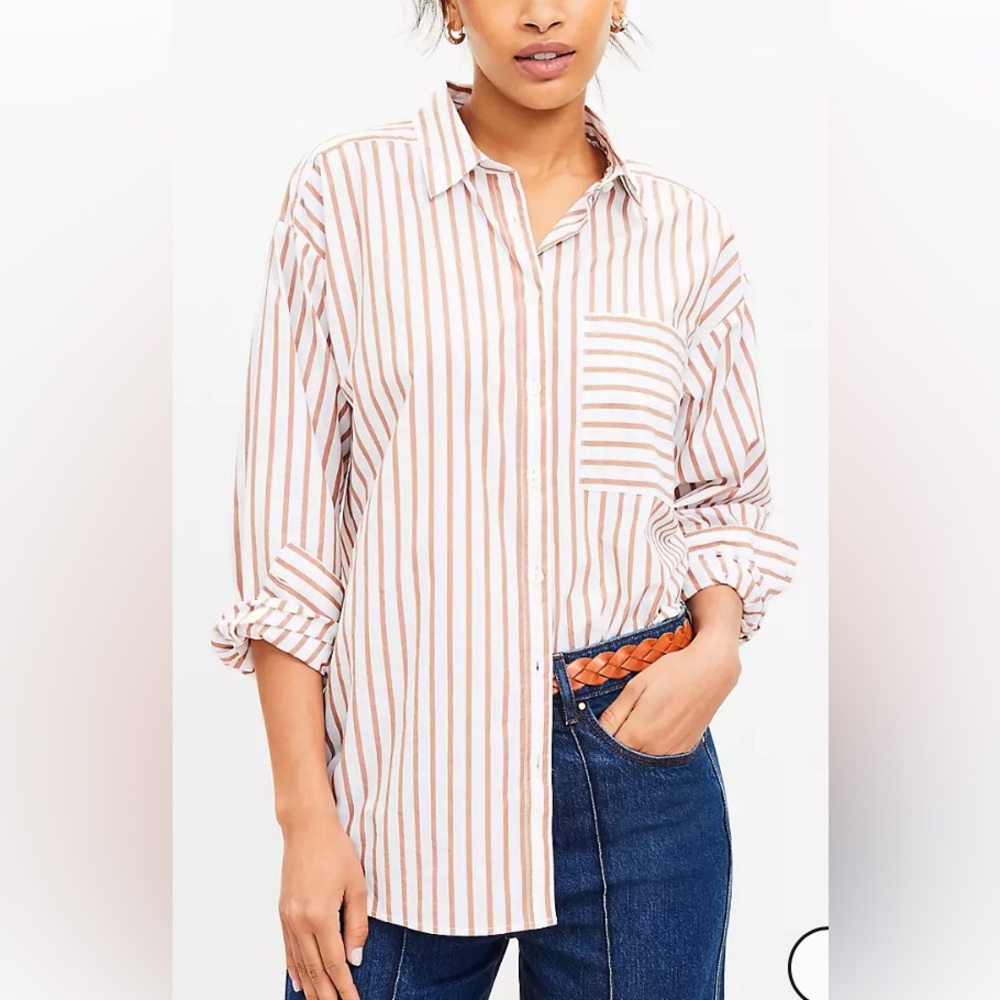 LOFT Striped Button Down Shirt - White and Brown